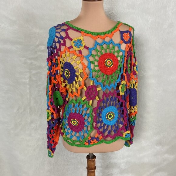 Vintage 90s Y2K Open Crochet Beaded Rainbow Multicolor Crop Top One Size - Picture 1 of 6
